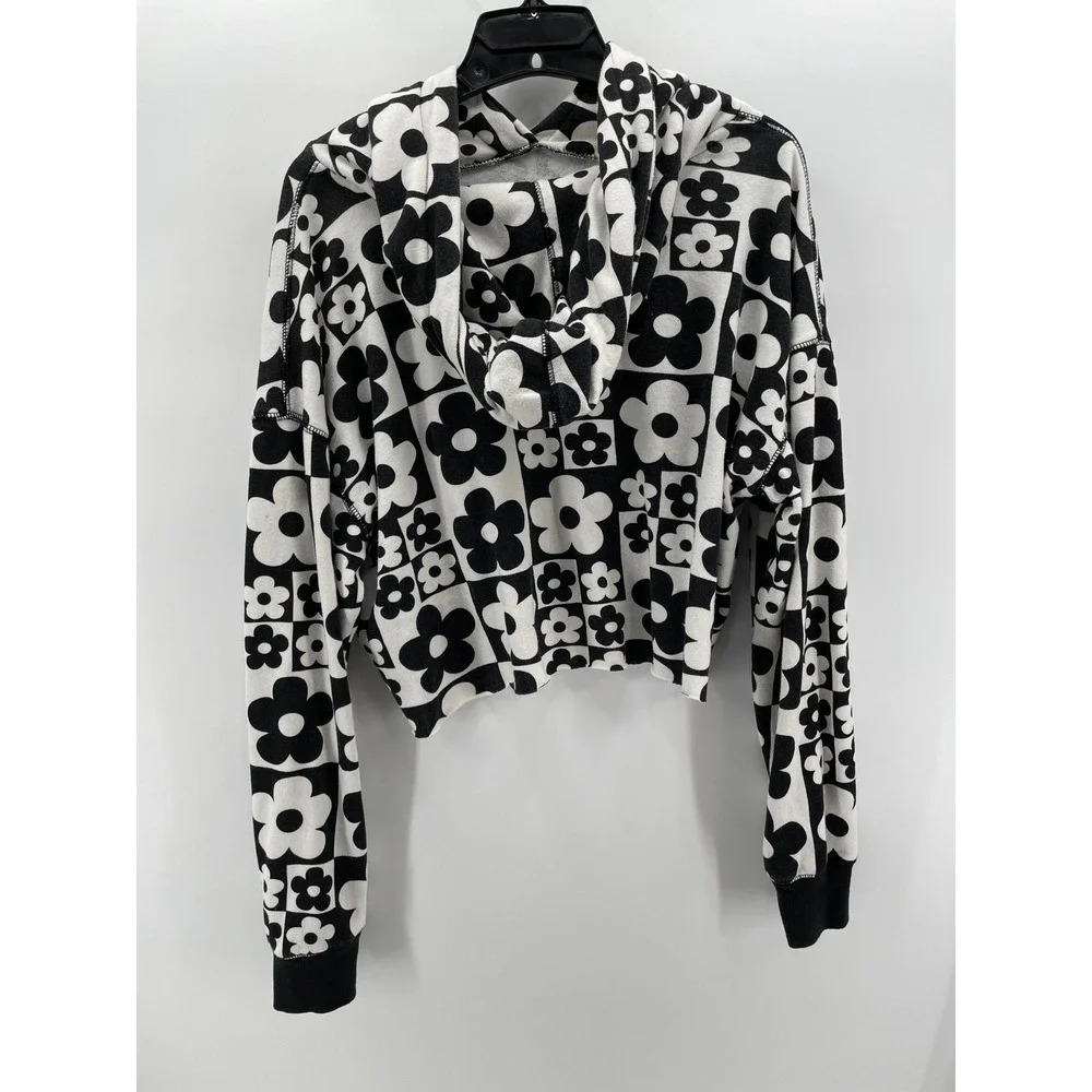 Cropped Hoodie Women Large Black White Retro Floral Check Indie Streetwear Y2K - Picture 2 of 8